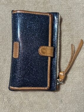 Consuela Navy Glitter Wallet with Tan Leather Trim
